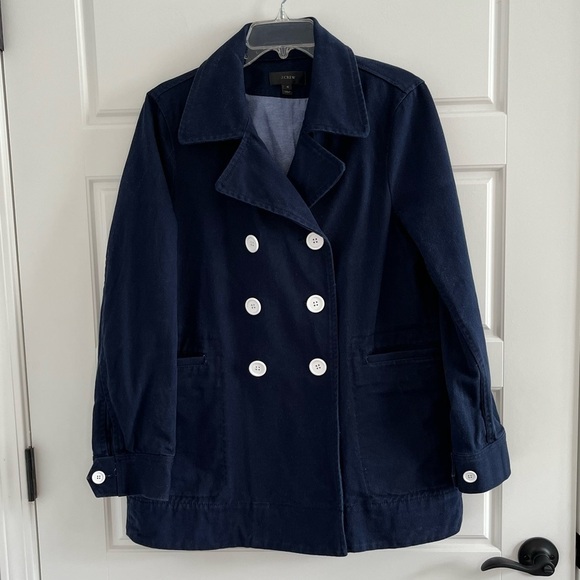 J. Crew Peacoat Heavyweight Cotton Twill Double Breasted Button Up Size 12 Navy - Picture 3 of 16